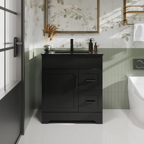 Image of eclife 30 inch Bathroom Vanities Sink Combo with Painted Surface, Modern Drawered Cabinet W /Decorative Wave Lines, Undermount Single Black Sink, Matte Black Faucet Drain, Black