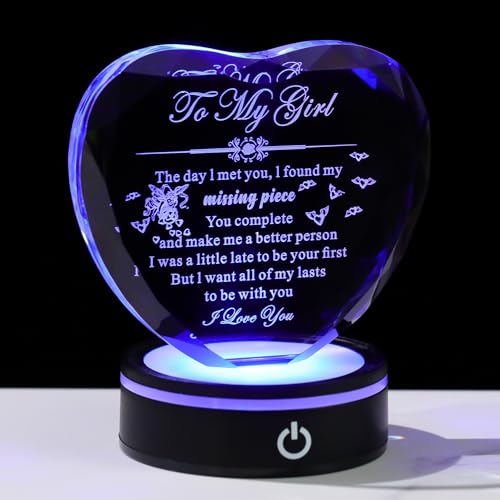 Bluebook Romantic Gifts for My Girl, Heart-Shaped Crystal Plaque with Multicolor LED Base, Valentines Day Souvenir Gift for Girlfriend, Funny Laser Engraving Gifts from Boyfriend