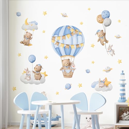 Tanlaby Blue Hot Air Balloon Wall Stickers Cartoon Bear Rabbit Stars Planets Wall Decals Peel and Stick Art Decor for Baby Nursery Kids Bedroom Playroom Daycare Classroom - Image 2