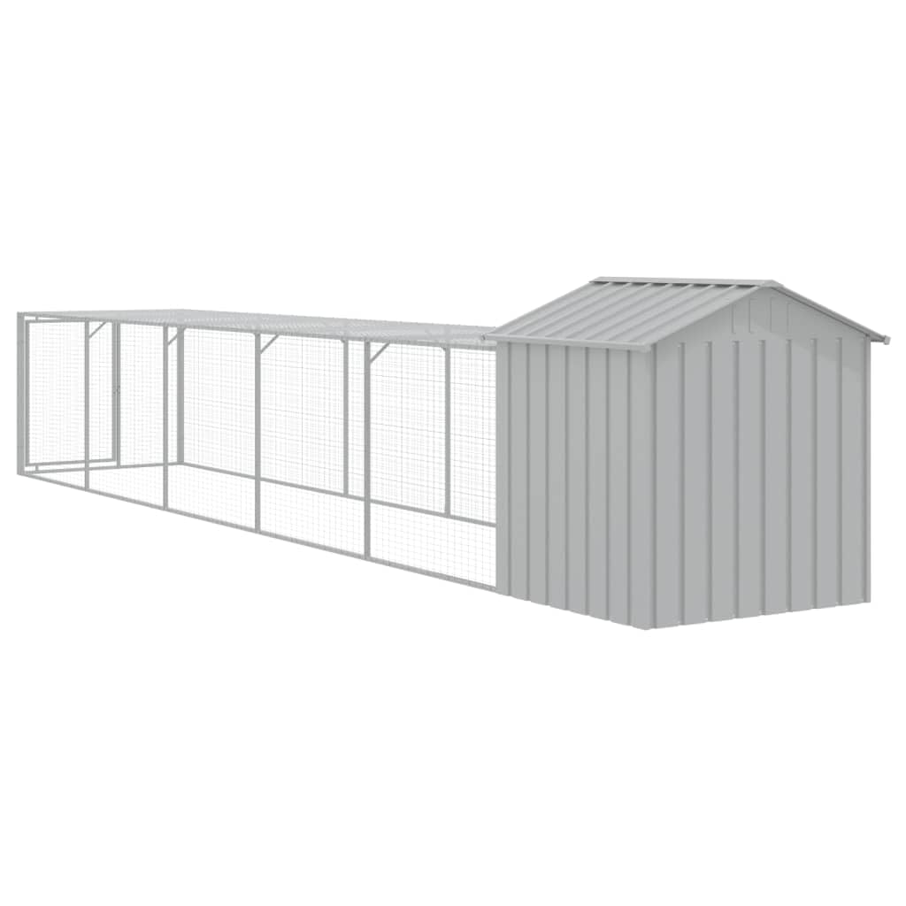 vidaXL Gallinero con Corral, Jaula de Gallinas Pollos con Tejado, Caseta Recinto de Animales, Gallinero de Exterior, Acero Galvanizado Gris Claro