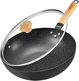 BEZIA Wok a induzione con coperchio, padella wok antiaderente, 30 cm, padella con manico in legno, facile da pulire e cuocere in forno, per tutti i piani cottura, granito