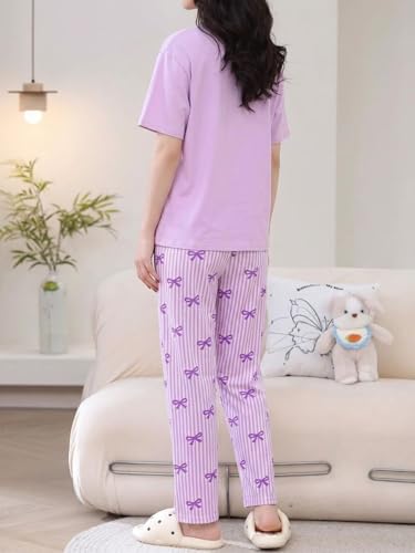 Image of SHIENZY Women Korean Style Night Suit | Round Neck Short Sleeve Cute Printed Cotton Pajama Set for Girls & Women | Soft Nightwear, Loungewear, Sleepwear for Women | Full Pyjama Set | Co-ord Set