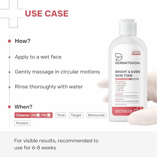 Image of DERMATOUCH Bright & Even Skin Tone Gentle Cleanser | Helps Reduce Dark Spots, Uneven Tone & Dullness | pH 5.5 Balanced | Dermatologist Tested | 50ml