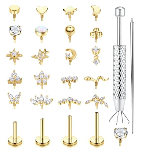 Flat Back Stud Earrings for Women Hypoallergenic Surgical Steel Internal Thread CZ Stud Piercing Jewelry for Tragus Helix Conch Cartilage 14K Gold/Silver Plated Nose Lip Labret Medusa Piercing 18G G