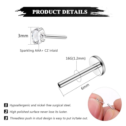 Besteel 28Pcs Threadless Nose Rings Studs Set Surgical Steel Lip Nostril Labret Medusa Piercing Jewelry Push in Tragus Conch Helix Flat Back Earrings for Women Men 16G 18G 20G 6/8mm2