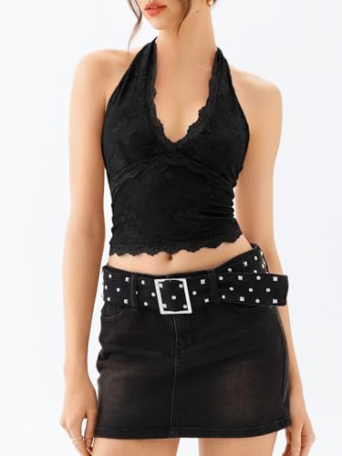 REORIA Womens Sexy V Neck Lace Halter Backless Going Out Double Lined Y2K Trendy Cropped Tank Tops2