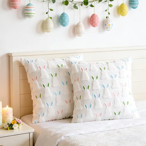 Image of ALFEVA Easter Pillow Covers 20 x 20 Inch Set of 2 Easter Decorations Cute Soft Plush Bunny Throw Pillow, Spring Farmhouse Decorations for Home Sofa Couch Living Room Bedroom