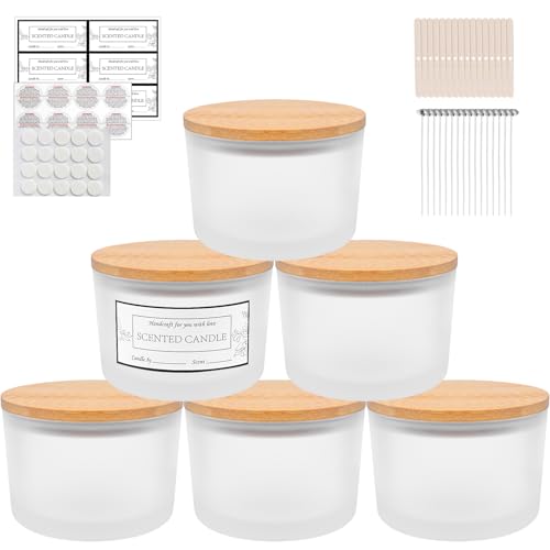 CONNOO Lot de 6 pots à bougie en verre dépoli à 3 mèches avec couvercle en bambou, étiquettes d'avertissement collantes et kit de mèches de bougie pour la fabrication de bougies, passent au