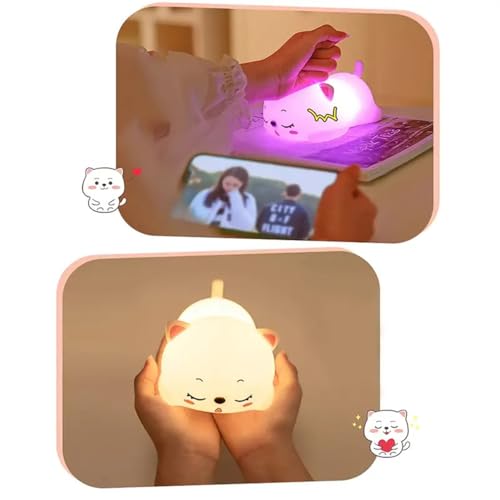 Image of GITGRNTH Rechargeable Silicone Cat Night Light for Kids | Kawaii Cat Lamp Tap and Touch Color-Changing LED Lamp |Adorable Room Decor & Gift for Toddlers, Teens (Cat Light Lamp, Regular), White