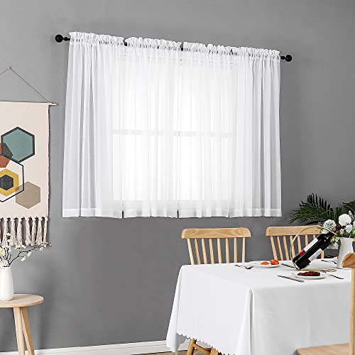 Image of Chyhomenyc White Sheer Curtains 45 Inch Long 2 Panels, Short Voile Drapes for Dinning Small Windows Bathroom Living Room Bedroom, Rod Pocket, 42Wx45L Inches