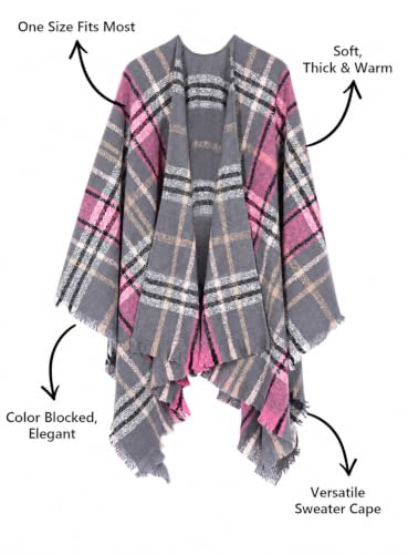 Image of Bestshe Women's Boho Open Front Poncho Plaid Shawl Wrap Cape | Tassel Cardigan Sweater, Cozy Layering, Fall Winter Clothes for Women