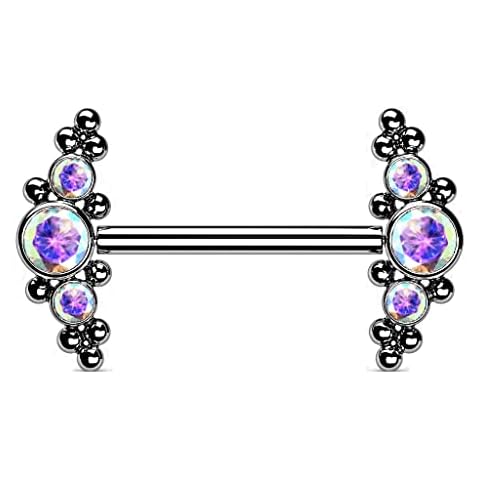 Paula & Fritz® Push-In Nipple Piercing Nipple Cubic Zirconia Grade 23 Ball Set Multicoloured 1.6 mm Bar Thickness Nipple Threadless Straight Barbell Bridge, Titanium Cubic Zirconia, Cubic Zirconia Cover