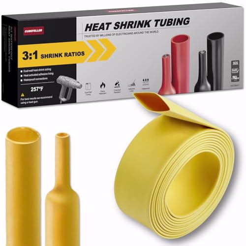 CUBEFELLER® 1/2 Inch (12.7mm) 4 Ft Waterproof Heat Shrink Tubing,UL Listed,3:1 Marine Grade Adhesive Lined Heatshrink Tube,Insulation Sealing Oil-Proof Wear-Resistant,Yellow (1.22M Total Length),E412Y