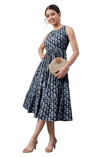 Image of Janasya Women's Cotton Floral Block Print Tiered Western Dress