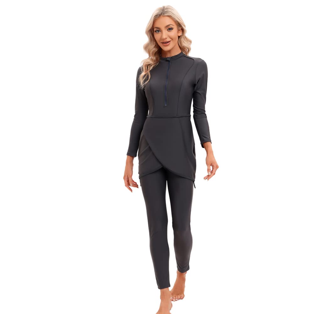 IMEKIS Burkini Musulman Maillot de bain pour femme Motif floral Maillot de bain Islamique Maillot de bain manches longues Rash Guard Fermeture éclair Haut de bain avec maillot de bain Hijab 3 pièces
