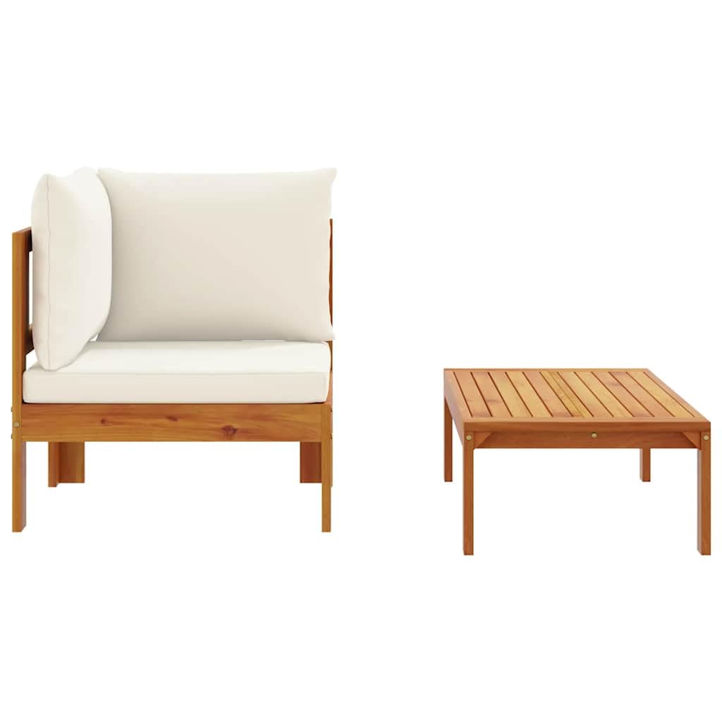 Salon de Jardin modulable en Bois Massif Acacia avec Coussins rembourrés Blanc crème pour terrasse Balcon Patio véranda, Ensemble canapé 2 pièces avec Table, Assise et Dossier Confortables