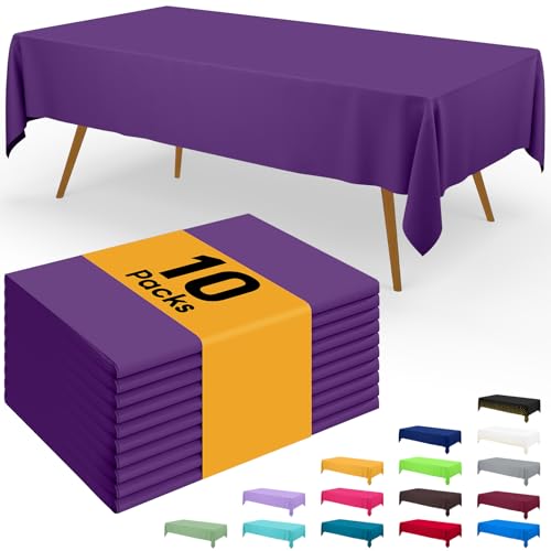 Image of Smiry Disposable Table Cloth - 10 Pack, 54 x 108 Inch Waterproof Rectangle Tablecloths for Parties, Decorative Plastic Table Cover, Leakproof & Sturdy, Purple