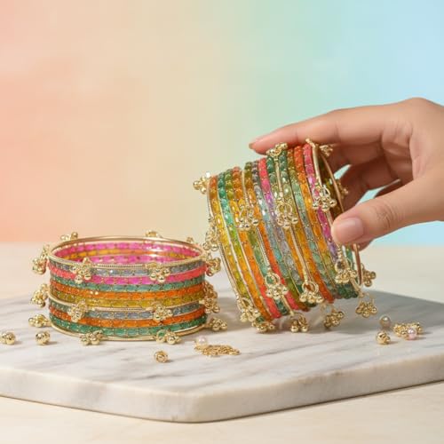 Image of Kashmiri Ghangharoo Glass Bangle Set for Women| Light Weight Bangles | Traditional Transparent Fancy Glass Chudi Set for Wedding, Party|Set Of 16(12 Glass + 4 ghungroo bangles)