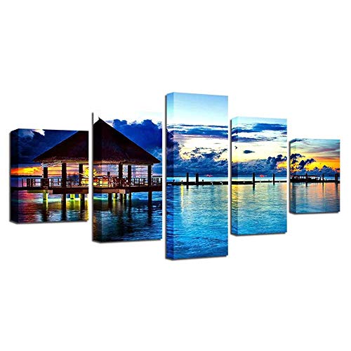 Photo paysage de mer et maison de campagne tableau mural poétique en toile 5 pièces moderne
