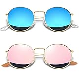 Joopin 2 Pack Metal Round Polarized Mirrored Sunglasses, Retro Gold Frame Circle Blue Sun Glasses UV400, Fashion Pink Mirror Circular Shades
