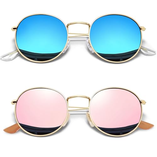 Joopin 2 Pack Metal Round Polarized Mirrored Sunglasses, Retro Gold Frame Circle Blue Sun Glasses UV400, Fashion Pink Mirror Circular Shades