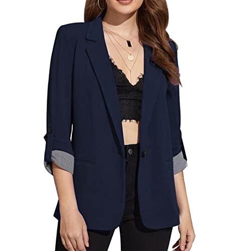 MINTLIMIT Women's Jacket Suit Casual 3/4 Sleeve Suit Jacket One Button Suit Office Work Outwear (Navy Blue,L)