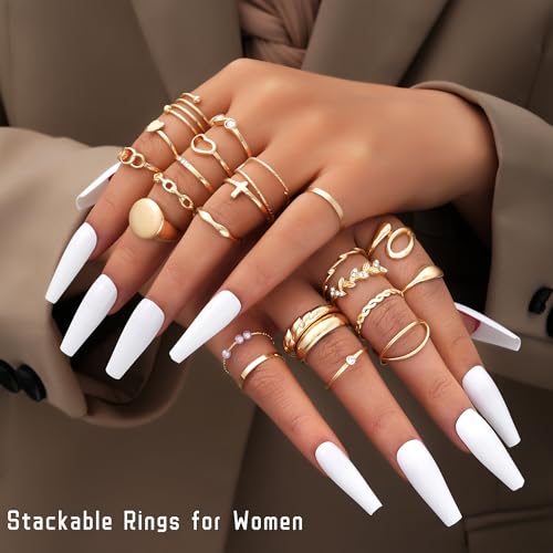 FAXHION 60 Pcs Gold Stackable Rings for Women, Knuckle Rings Chunky Gold Ring Set Dainty Stacking Cute Rings, Multiple Sizes Cute Jewelry Set Gift (Gold-24 Pcs) - Thumbnail 5