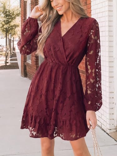 Image of CUPSHE Women Elegant V Neck Lace Peasant Sleeve Mini Summer Dress Elastic High Waist A Line Casual Wedding Guest Dress
