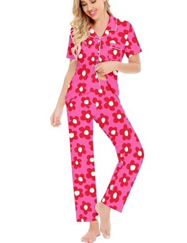 Image of SWOMOG Women Pajama Sets Two-Piece Nightwear Short Sleeve Sleepwear Button Down Pj Lounge Sets with Long Pants