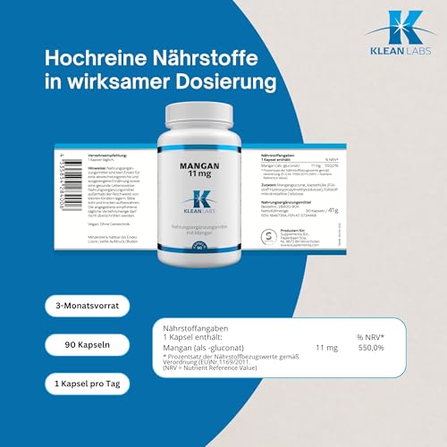 Klean Labs - Mangan 11mg - 90 Kapseln - vegan, ohne Gentechnik, ohne unerwünschte Zusätze - für einen normalen Energiestoffwechsel