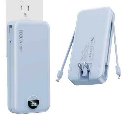 Image of Nusyddy Portable Charger 20000mAh PD20W w /Built-in Cables & Wall Plug Blue | PD20W Fast Charging, High Capacity, LED Display, Charge 5 Devices at once, TSA Approved, Compatible with iPhone /iPad /Samsung