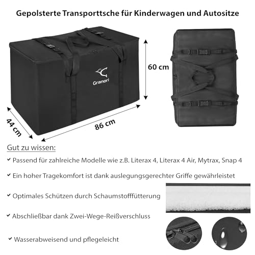 Granori Kinderwagen Transporttasche – gepolstert, robust und mit über 200 L Fassungsvermögen | Ebenso hervorragend zur schützenden Aufbewahrung von Buggy sowie Kindersitz (Schwarz)