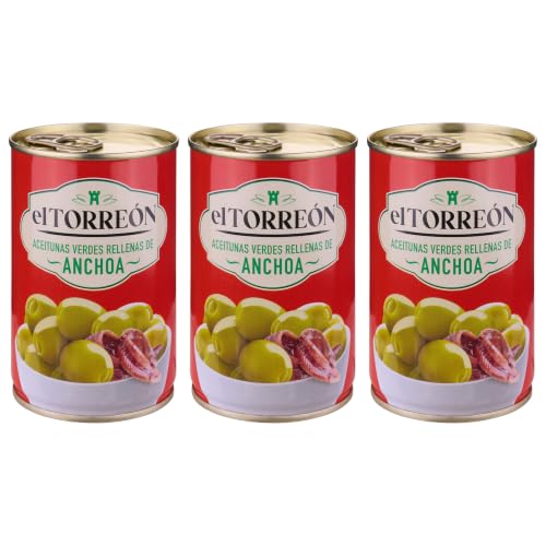El Torreon Grüne Oliven mit Sardellenfüllung aus Spanien inkl. FeinWert E-Book (3 x 300 g)