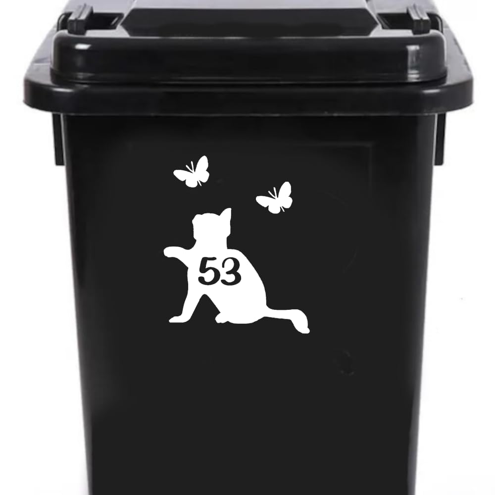Cute Cat Chasing Butterflies Waterproof Wheelie Bin Stickers - Vinyl Material - Gifts for Cat Lovers - Bin Stickers for Wheelie Bins - Stick on Numbers - Bin Labels (53)