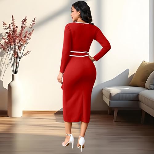 Image of Women's Elegant Church Vintage Bodycon Dress Casual Long Sleeve Work Business Pencil Split Sheath Midi Dresses