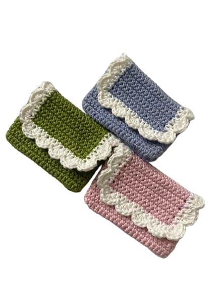 Handmade Crochet Wallet with Scalloped Lace Trim in Any 1 Random Colour: Pink Blue Green, Cotton Yarn, Small Card Holder-picture-12