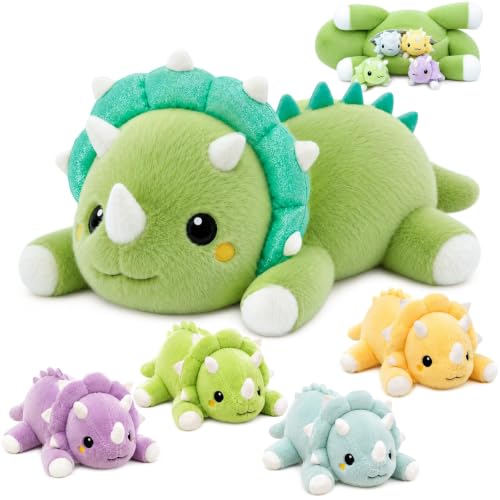 YIIQUWEN Triceratops Plush, Soft Stuffed Animal Toy, Mommy Dino Plush with 4 Mini Dinosaurs Inside, Cute Family Plush Toy Birthday Gift for Kids Boys Girls Adults