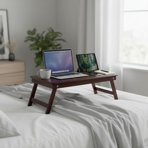 Image of VASIL MART A Versatile Laptop Table or lapdesk with a Spacious Working Area for Home That is Made of Solid Mango Wood and is Adjustable Foldable, with Phone and Tablet Holder (Dark- Brown)