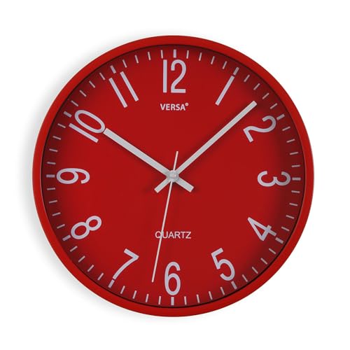 Versa Raven Reloj de Pared Nuevo Mecanismo Y Calidad Mejorada silencioso y Decorativo, para Cocina, Salón o Comedor - Fácil de Leer, Medidas (Al x L x An) 30 x 4,3 x 30 cm, Polipropileno, Color Rojo