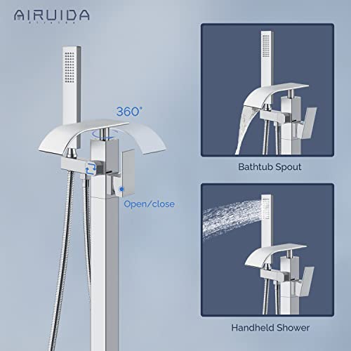 Airuida Chrome Polish Freestanding Bathtub Faucet Floor Mount Waterfall Tub Filler With Single Handle 360 Degree Swivel Standing High Flow Spout Mixer Taps #TOP4