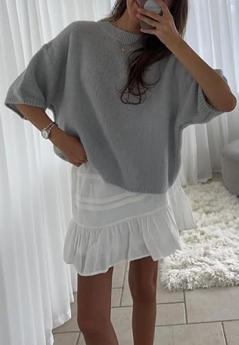 Y2K Short Sleeve Sweater for Women Crew Neck Loose Fit Pullover Knit Tee Tops 2024 Fall Trendy Knitted T Shirt Blouse3