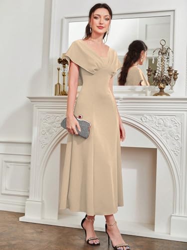 Image of Shasmi Women's & Girl's Solid A-Line Maxi Dress | V-Neck Pleated Bodice | Cap Batwing Sleeves | Fit & Flare Evening Gown (Dress 274)