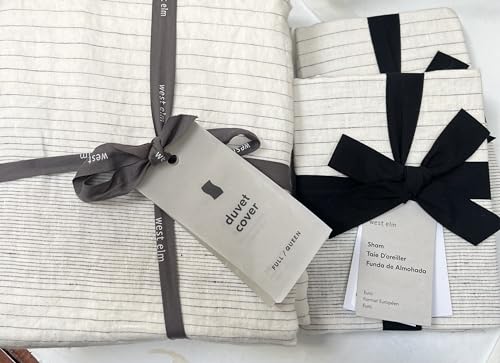 West Elm Edredom casal/queen com listras graduadas de linho europeu de linho e fronha de 2 euros