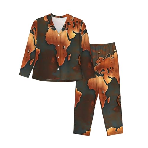 Pyjama 2 pièces femme imprimé carte du monde rouille et vêtement de nuit chic