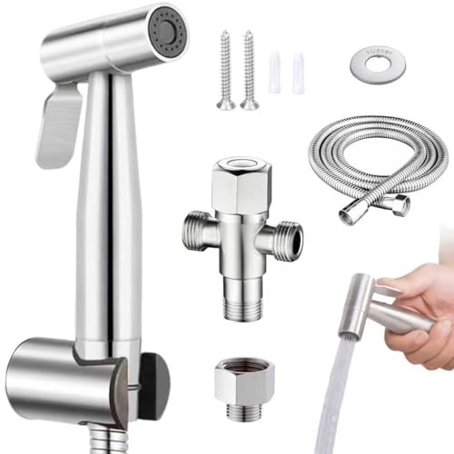 Pulvérisateur à Main avec Adaptateur 1/2 Pouce vers 3/8 Pouce, Kit Douchette WC avec Flexible 1,5 m, Acier Inoxydable, Bidet Toilette WC pour Nettoyage des...