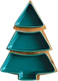 Green Christmas Tree Plates Chip & Dip Set, 11 Inches Ceramic Snack Plate with Bamboo Tray, Removabl