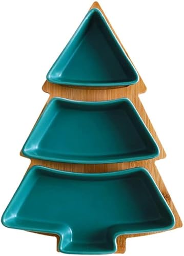 Green Christmas Tree Plates Chip & Dip Set, 11 Inches Ceramic Snack Plate With Bamboo Tray, Removable Porcelain Christmas Tree Appetizer Dessert Fruit Salad Saucers Bowl Cutlery Platter Serving Dish #TOP14