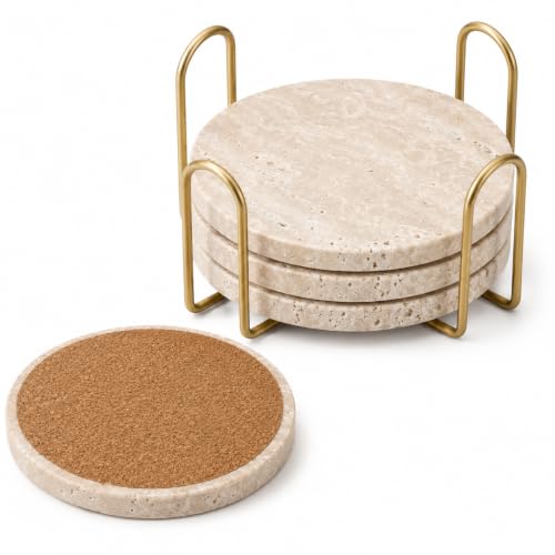 Travertine Coasters with Gold Holder Set of 4 Natural Stone Cork Backing