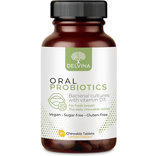 Delvina Oral Probiotics for Bad Breath Treatment for Adults - 90 Vegan Chewable Tablets for Oral Health Teeth and Gums - Dental Probiotics for Fresh Breath - with Vitamin D3 - Lemon - 3 Month Supply