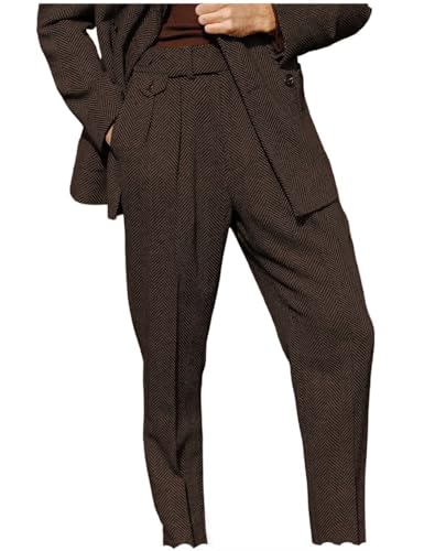 Ceehuteey Men's High Waisted Tweed Pleated Front Dress Pants Wool Trousers